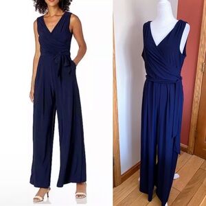 Eliza J Women's Sleeveless Faux Wrap Jumpsuit Navy Blue Wide Leg size L
